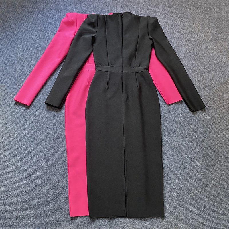 Square Neck Long Sleeve Fitted Midi Dress H5496