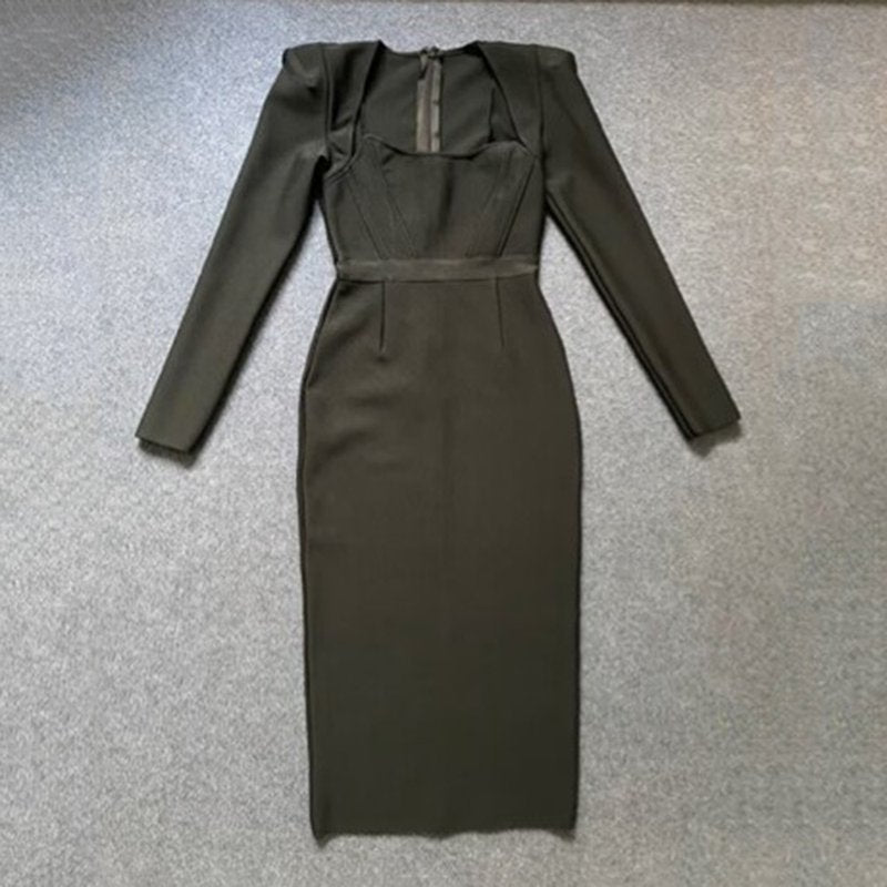 Square Neck Long Sleeve Fitted Midi Dress H5496