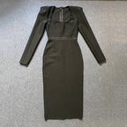 Square Neck Long Sleeve Fitted Midi Dress H5496