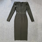 Square Neck Long Sleeve Fitted Midi Dress H5496