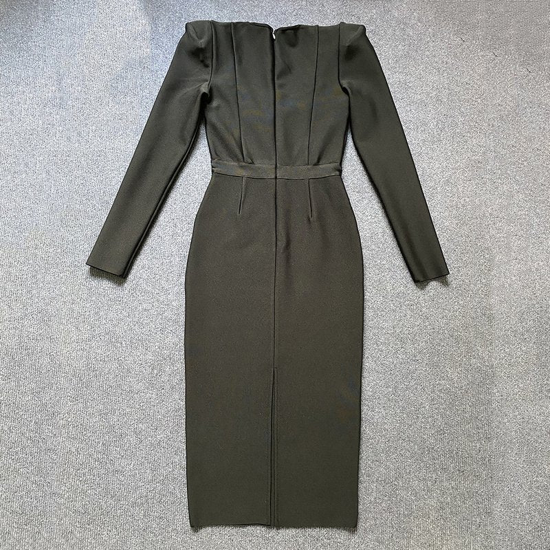 Square Neck Long Sleeve Fitted Midi Dress H5496