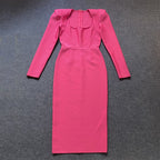 Square Neck Long Sleeve Fitted Midi Dress H5496