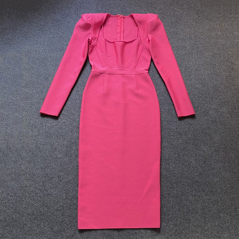 Square Neck Long Sleeve Fitted Midi Dress H5496