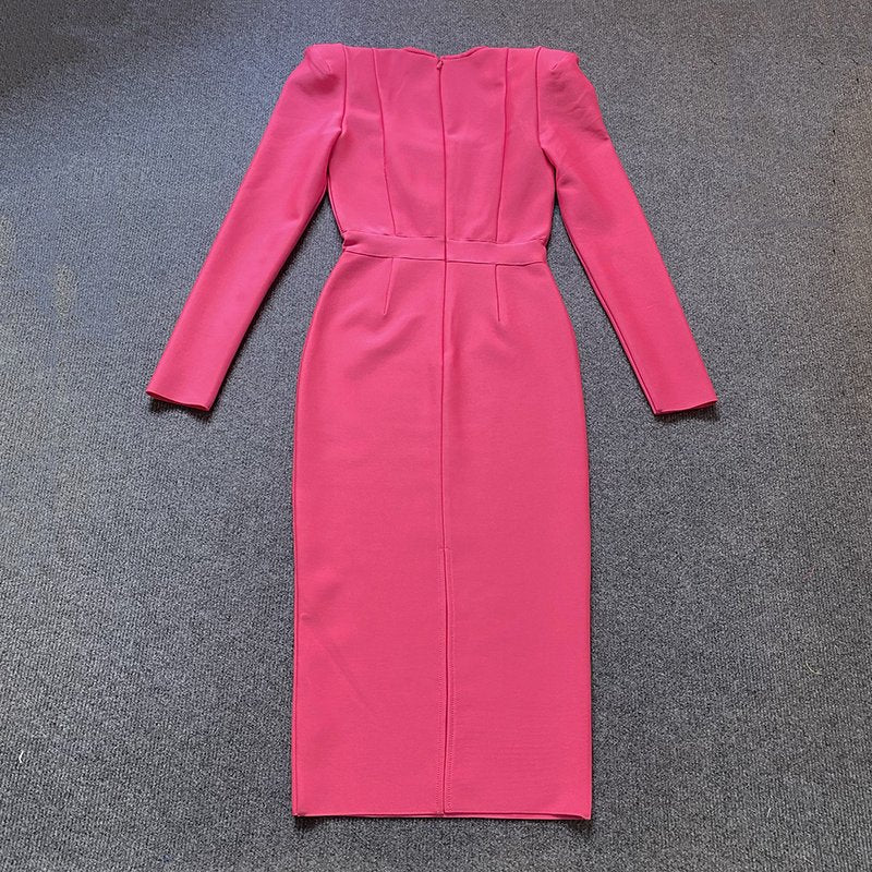 Square Neck Long Sleeve Fitted Midi Dress H5496