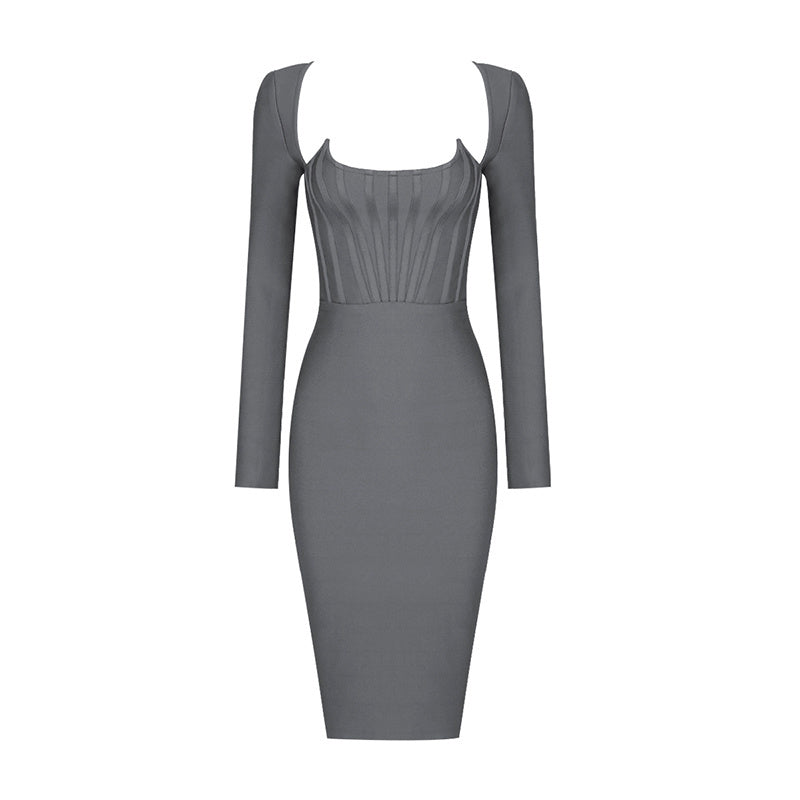 Square Neck Ribbed Long Sleeve Midi Dress H4126