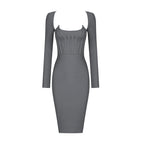 Square Neck Ribbed Long Sleeve Midi Dress H4126