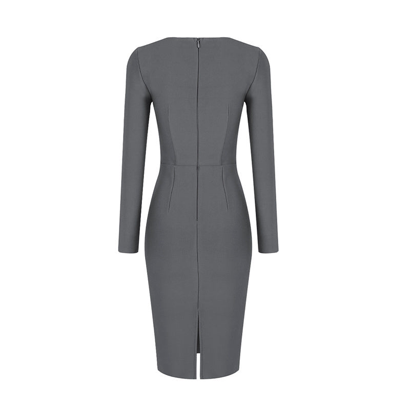 Square Neck Ribbed Long Sleeve Midi Dress H4126