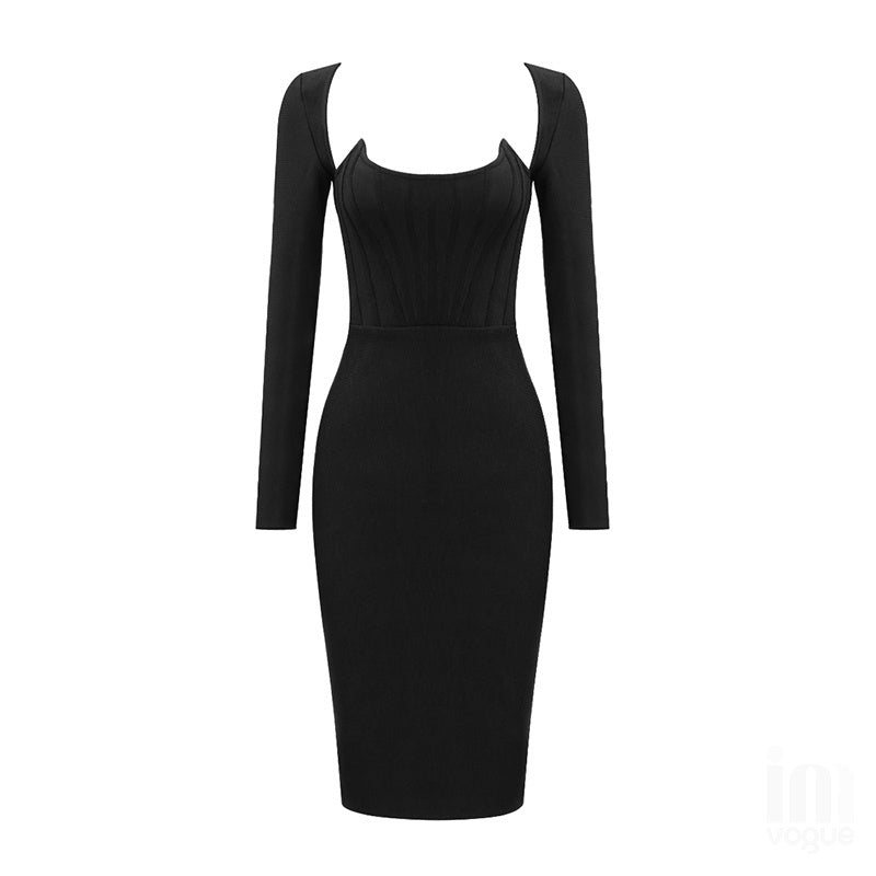 Square Neck Ribbed Long Sleeve Midi Dress H4126