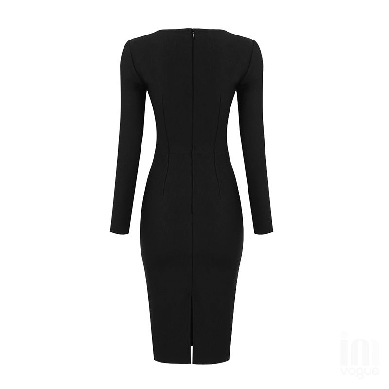 Square Neck Ribbed Long Sleeve Midi Dress H4126
