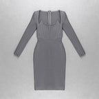 Square Neck Ribbed Long Sleeve Midi Dress H4126