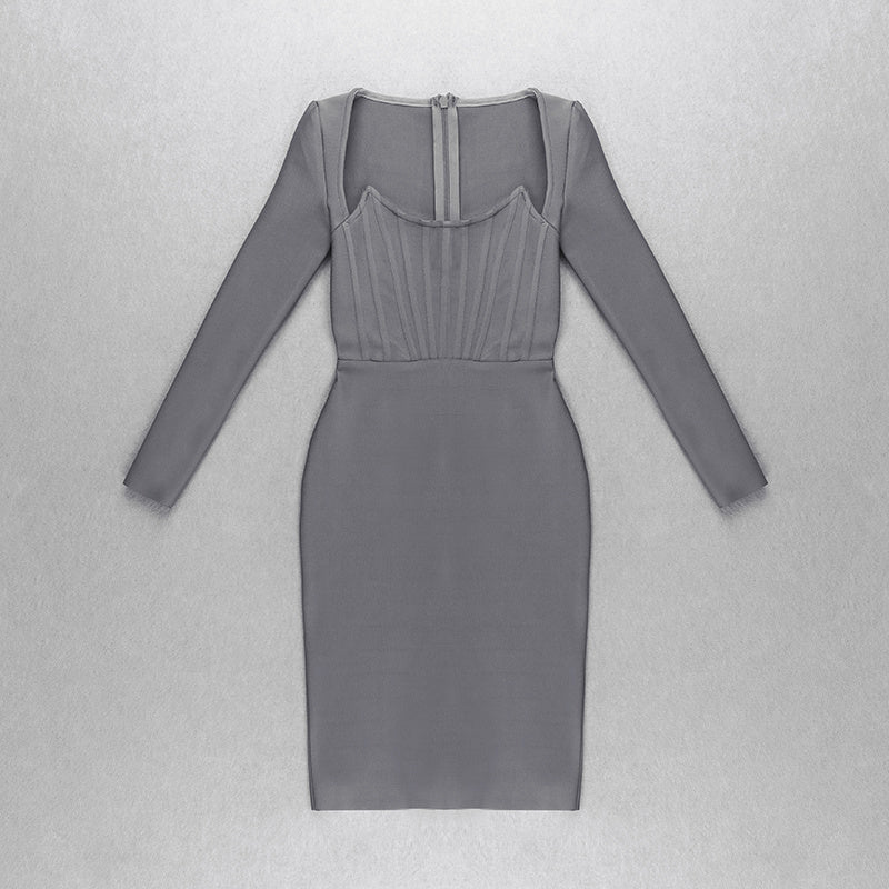 Square Neck Ribbed Long Sleeve Midi Dress H4126