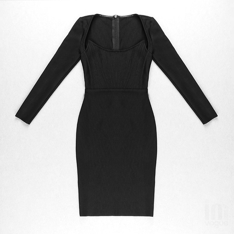 Square Neck Ribbed Long Sleeve Midi Dress H4126