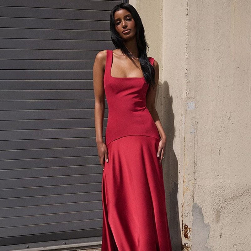 Square Neck Satin Maxi Dress H7099