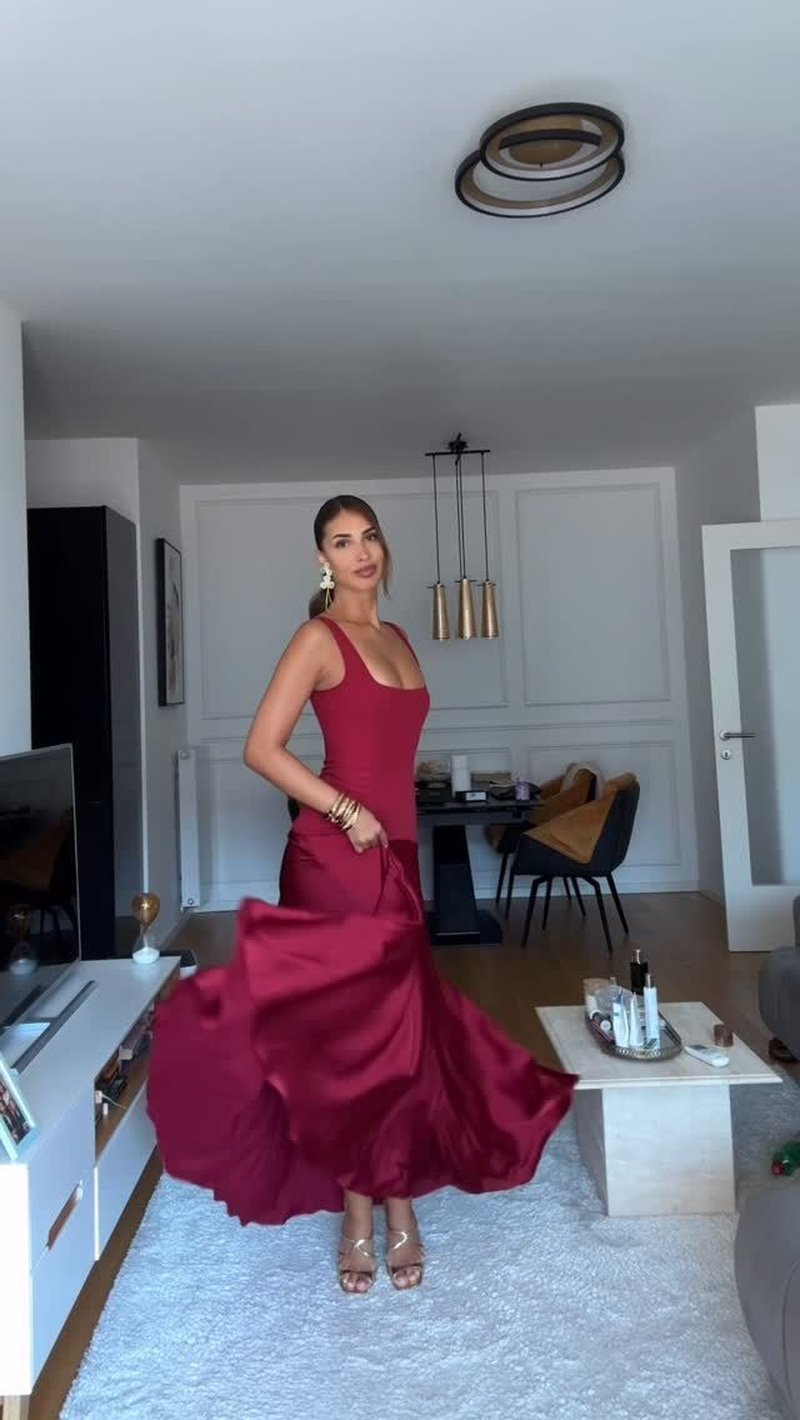 Square Neck Satin Maxi Dress H7099