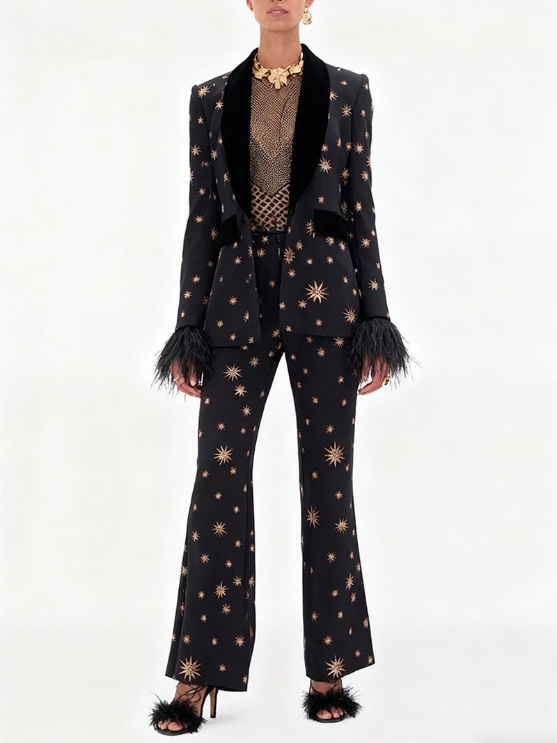 Star Print Velvet Lapel Suit H7047
