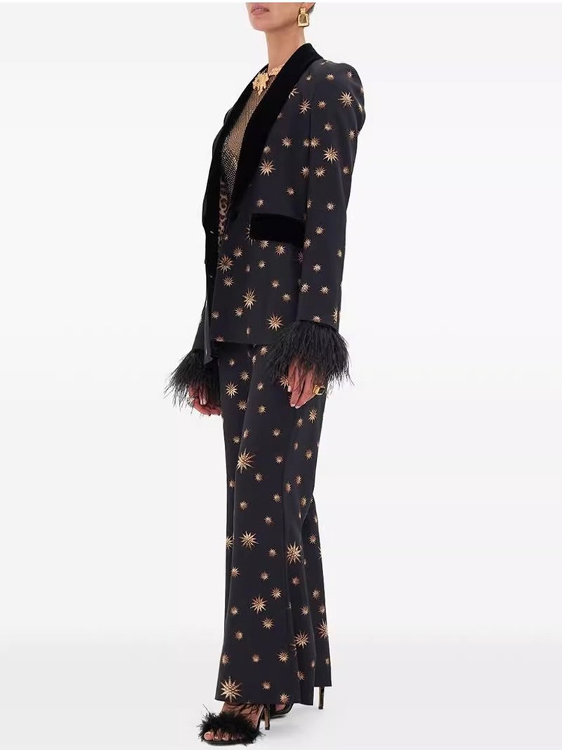 Star Print Velvet Lapel Suit H7047