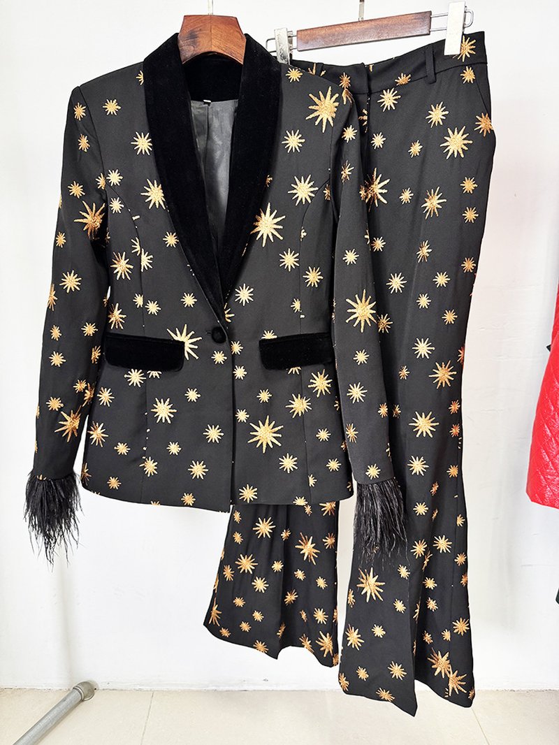 Star Print Velvet Lapel Suit H7047