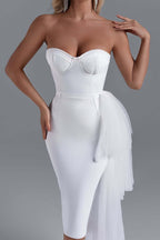 Strapless Asymmetric Tulle Midi Dress H4009
