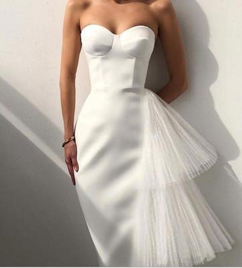 Strapless Asymmetric Tulle Midi Dress H4009