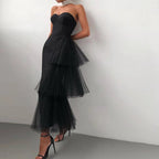 Strapless Asymmetric Tulle Midi Dress H4009