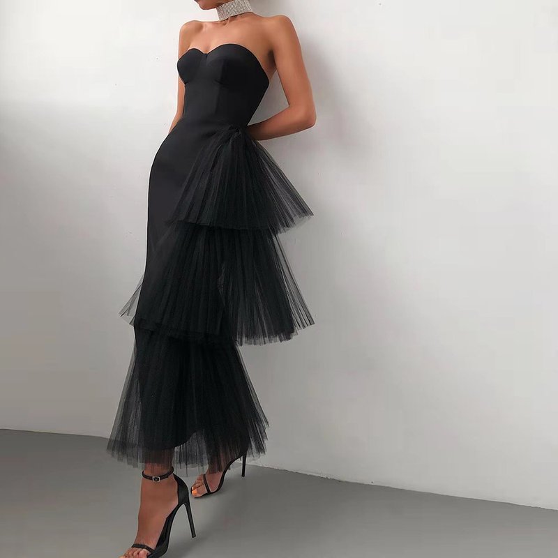 Strapless Asymmetric Tulle Midi Dress H4009