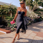 Strapless Asymmetric Tulle Midi Dress H4009