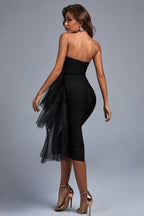 Strapless Asymmetric Tulle Midi Dress H4009