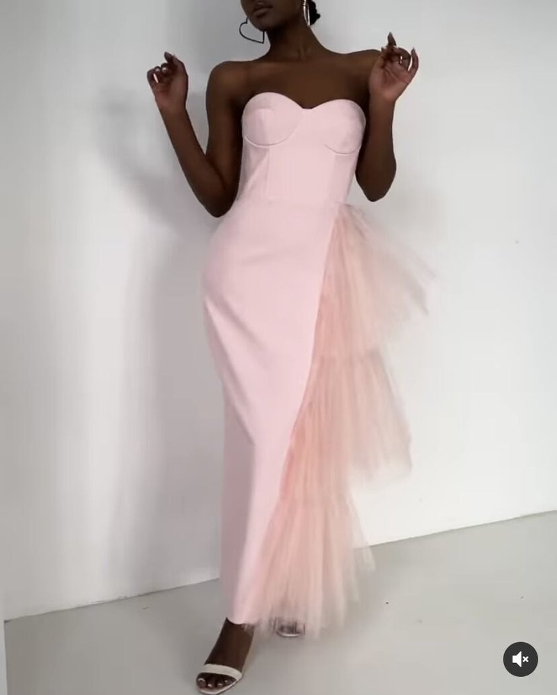 Strapless Asymmetric Tulle Midi Dress H4009