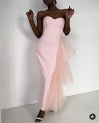 Strapless Asymmetric Tulle Midi Dress H4009