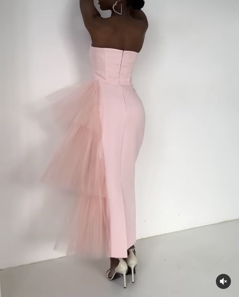 Strapless Asymmetric Tulle Midi Dress H4009