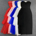 Strapless Asymmetric Tulle Midi Dress H4009
