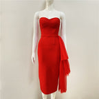 Strapless Asymmetric Tulle Midi Dress H4009