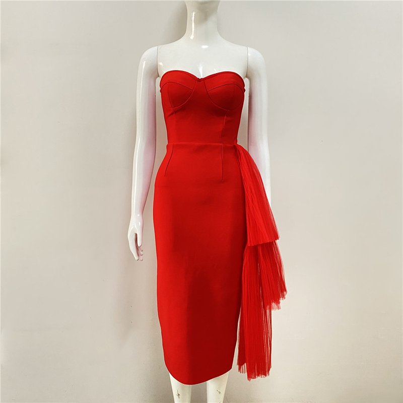 Strapless Asymmetric Tulle Midi Dress H4009