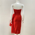 Strapless Asymmetric Tulle Midi Dress H4009