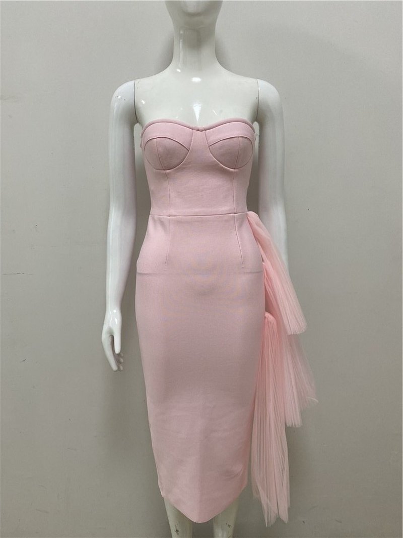 Strapless Asymmetric Tulle Midi Dress H4009