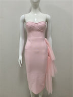 Strapless Asymmetric Tulle Midi Dress H4009