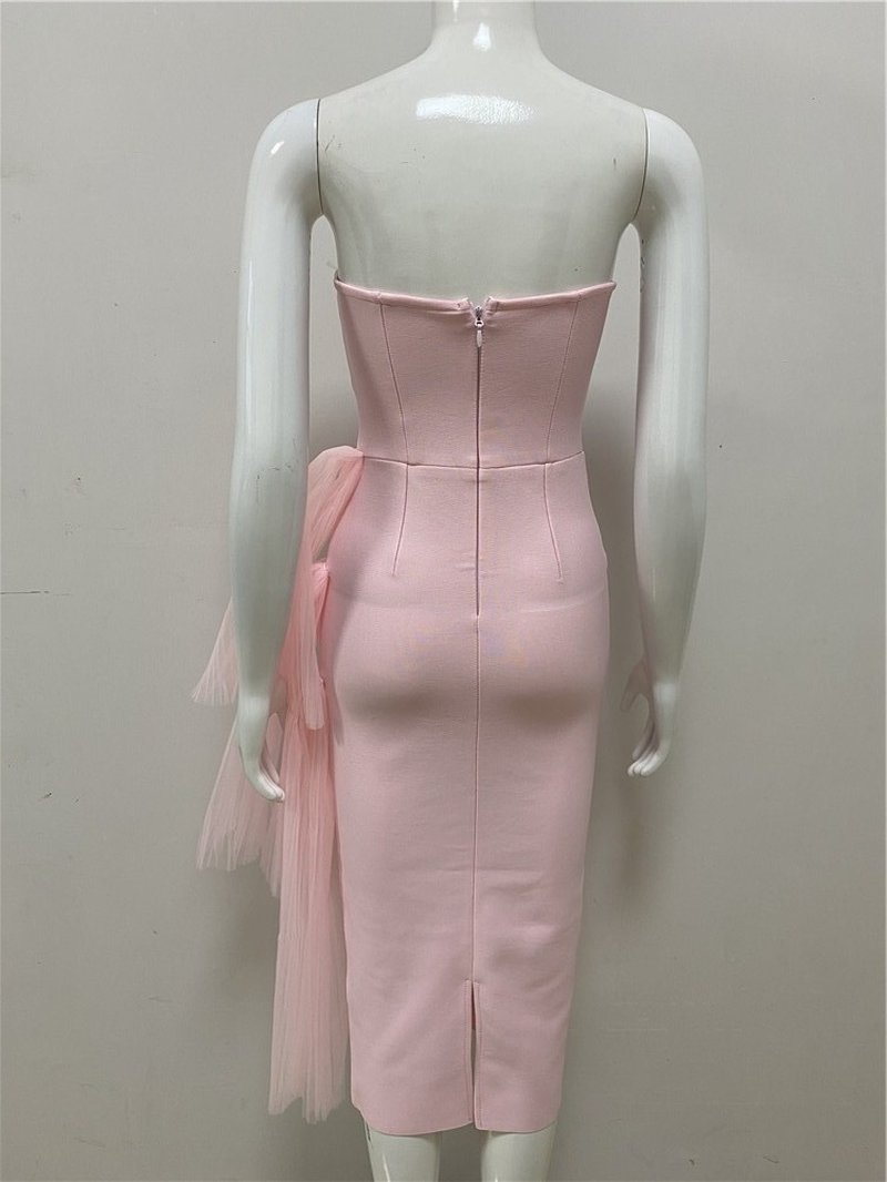 Strapless Asymmetric Tulle Midi Dress H4009