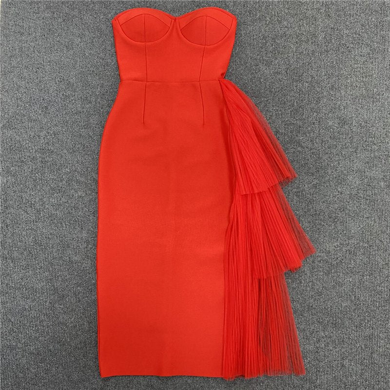 Strapless Asymmetric Tulle Midi Dress H4009