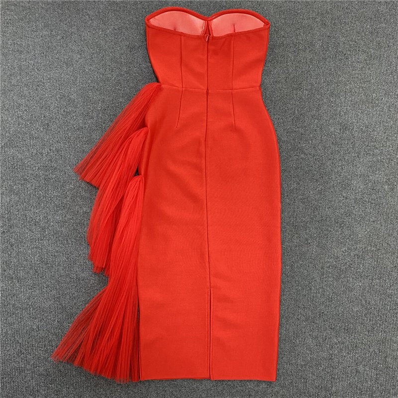 Strapless Asymmetric Tulle Midi Dress H4009