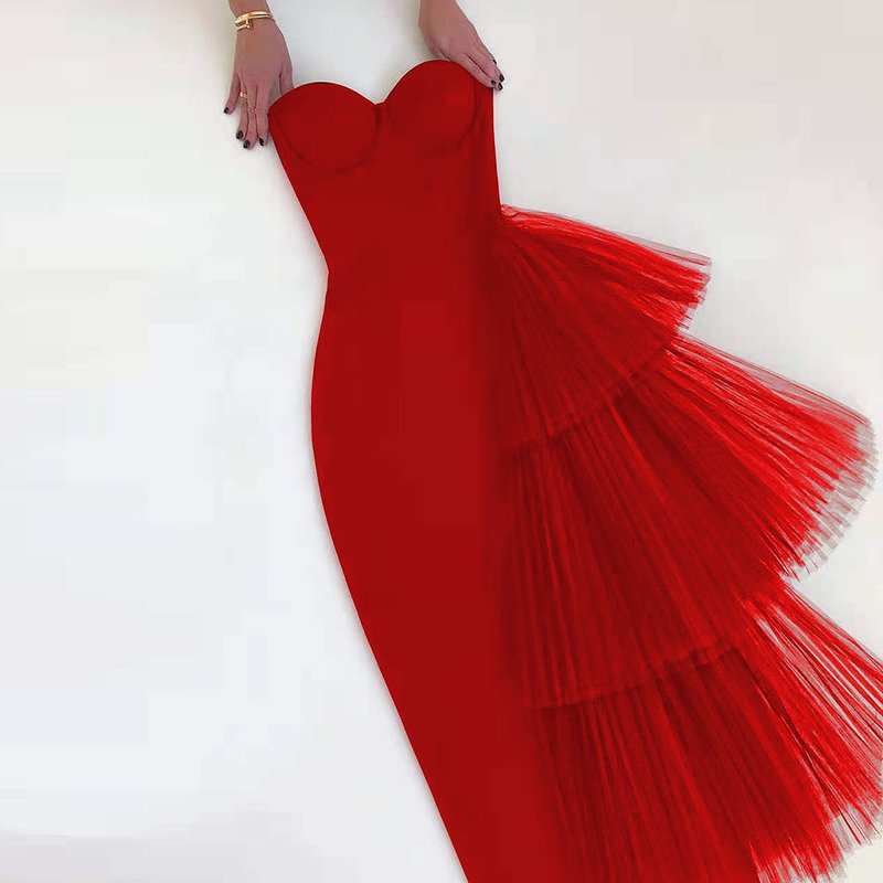 Strapless Asymmetric Tulle Midi Dress H4009