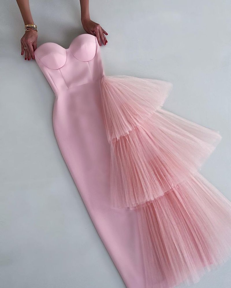 Strapless Asymmetric Tulle Midi Dress H4009