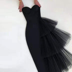 Strapless Asymmetric Tulle Midi Dress H4009