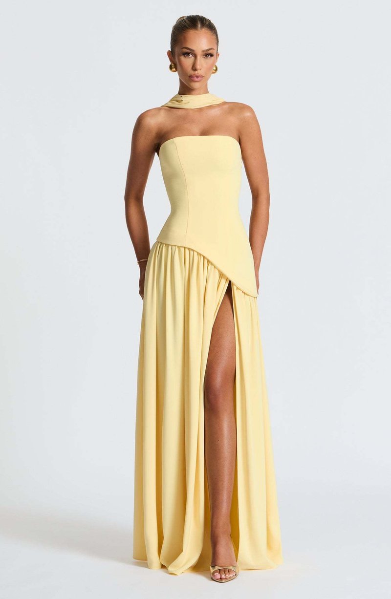 Fashion Strapless Asymmetrical Yellow Maxi Dress H7159