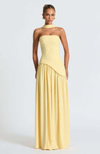 Fashion Strapless Asymmetrical Yellow Maxi Dress H7159