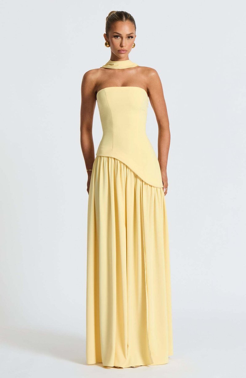 Fashion Strapless Asymmetrical Yellow Maxi Dress H7159