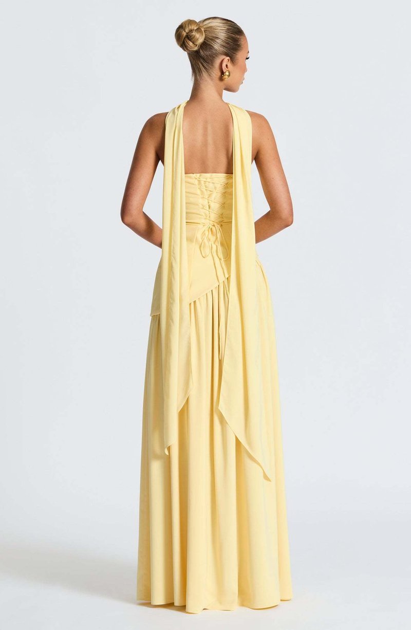 Fashion Strapless Asymmetrical Yellow Maxi Dress H7159
