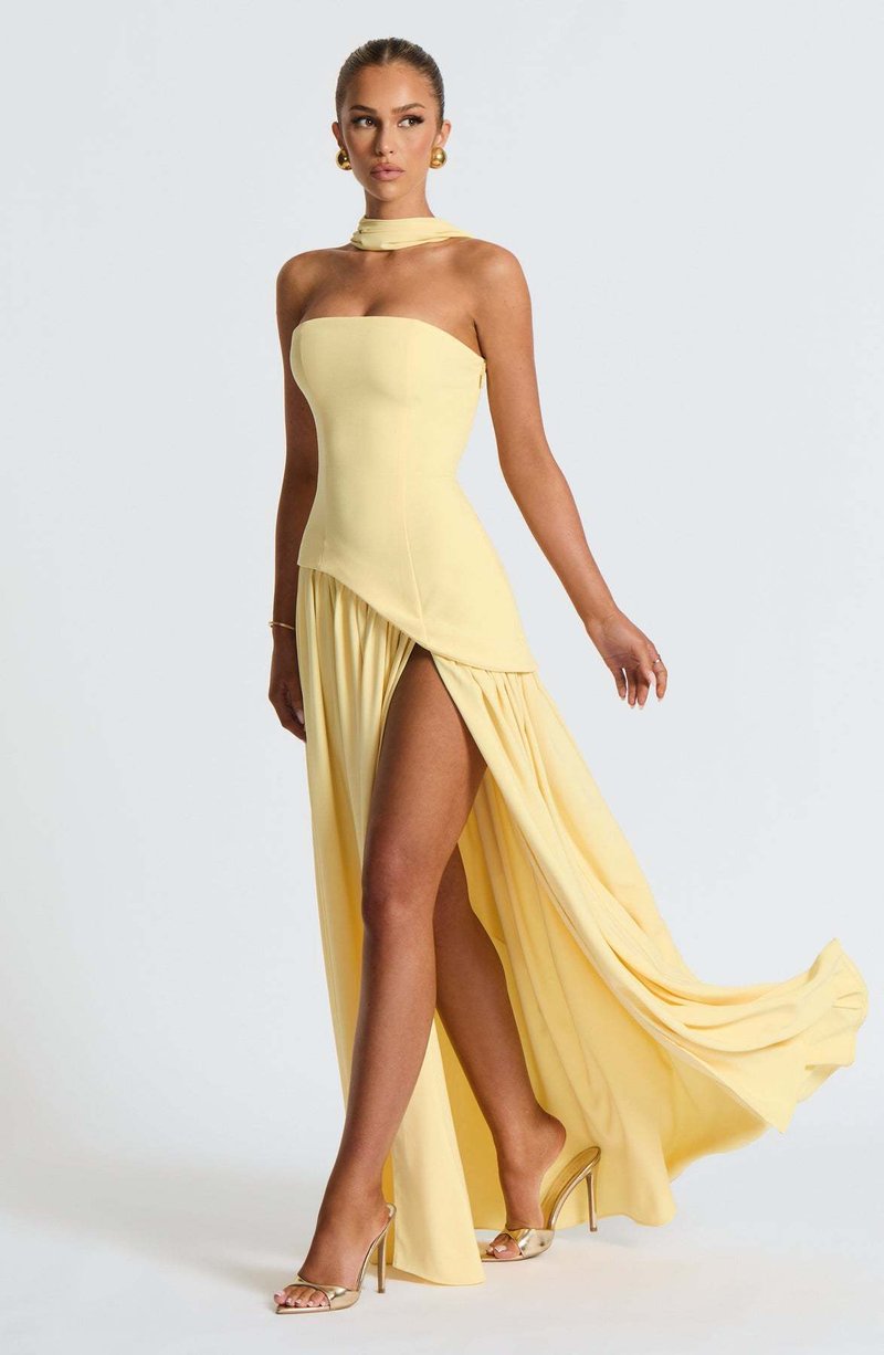 Fashion Strapless Asymmetrical Yellow Maxi Dress H7159