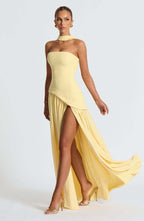 Fashion Strapless Asymmetrical Yellow Maxi Dress H7159