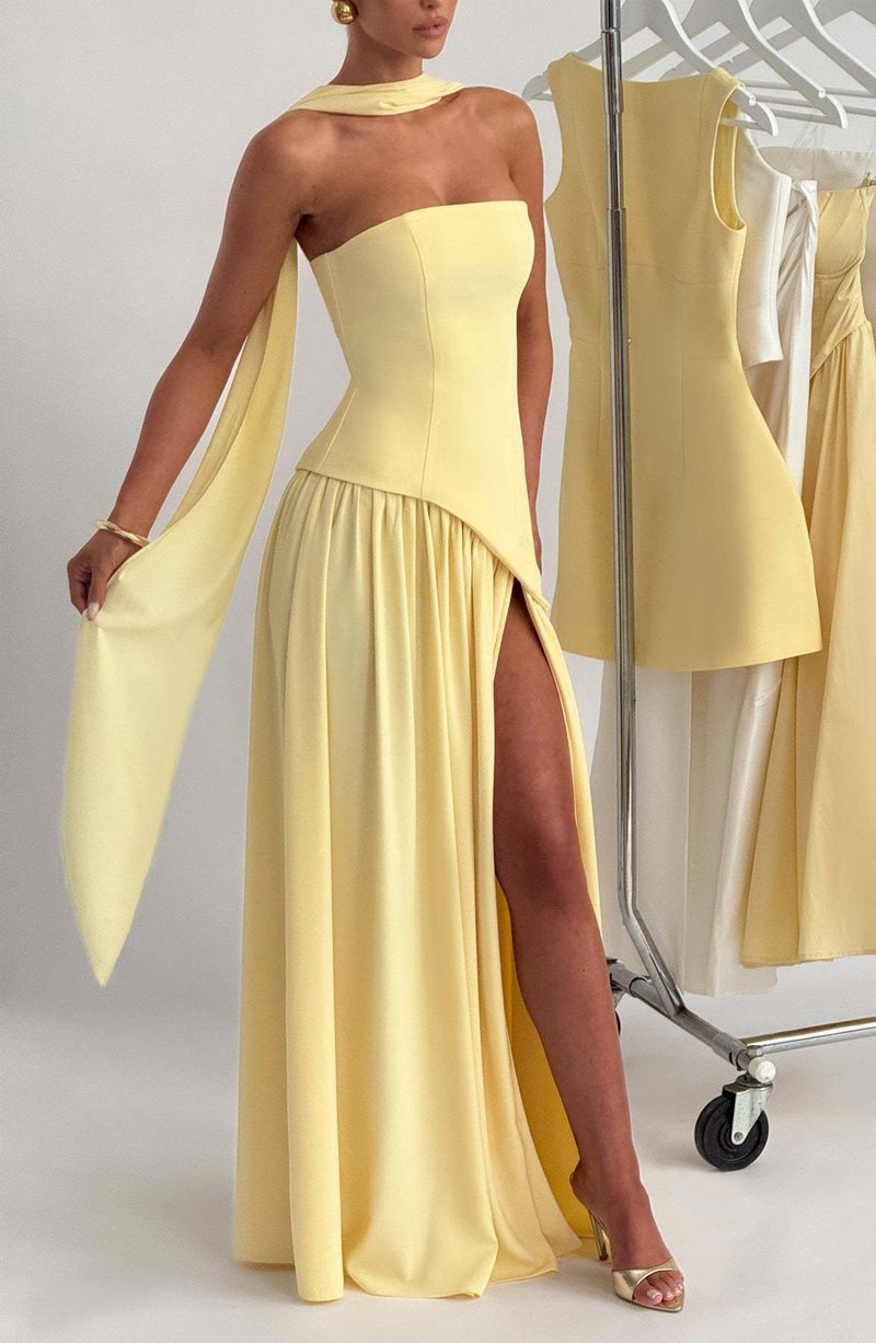 Fashion Strapless Asymmetrical Yellow Maxi Dress H7159