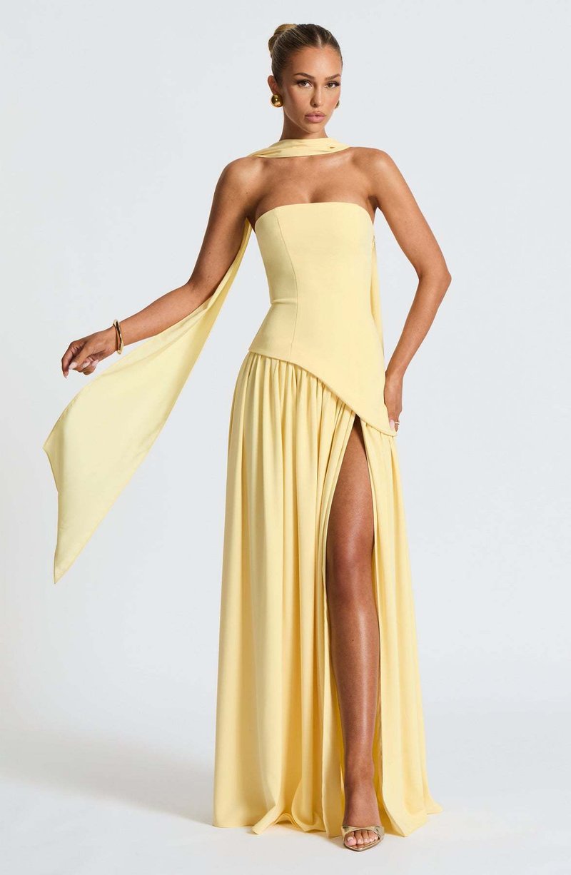 Fashion Strapless Asymmetrical Yellow Maxi Dress H7159